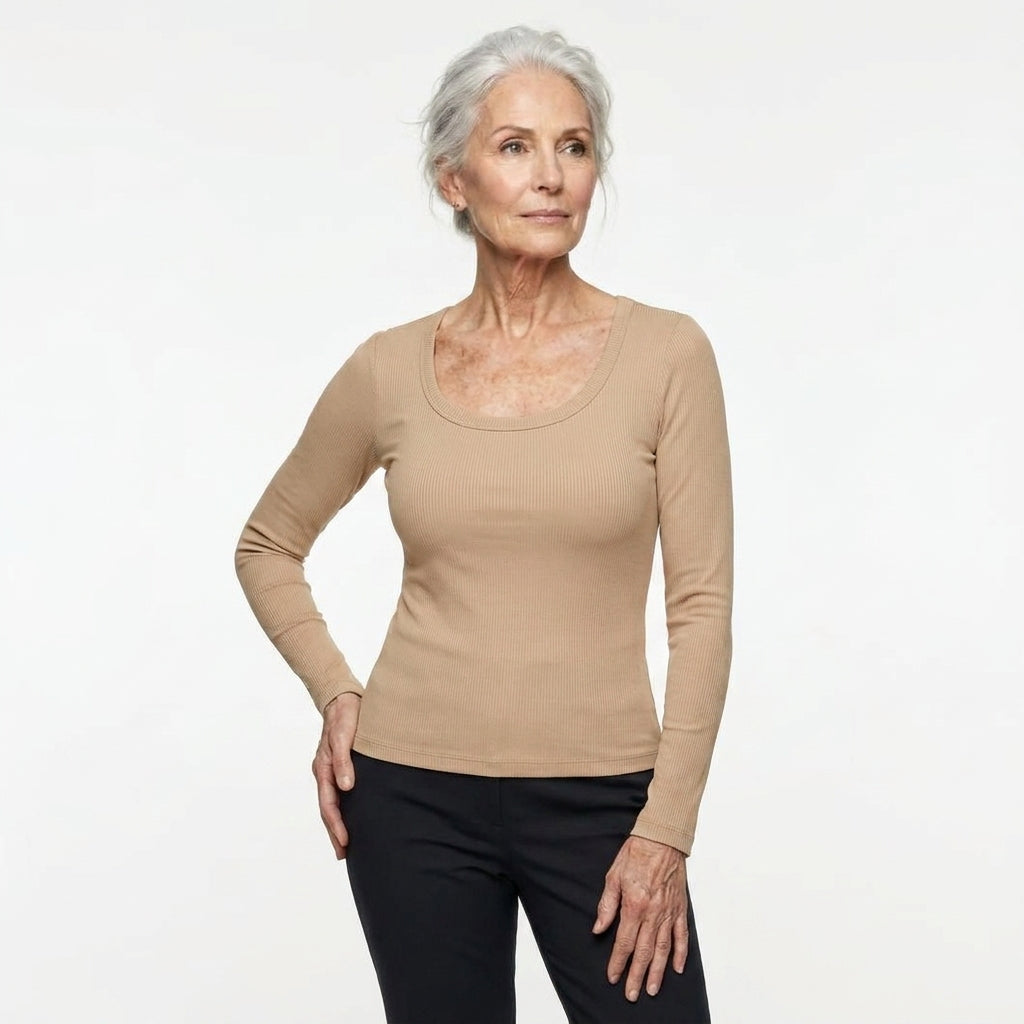 Ribbed Cotton Long-Sleeve Sculpt Top with Built-In Bra